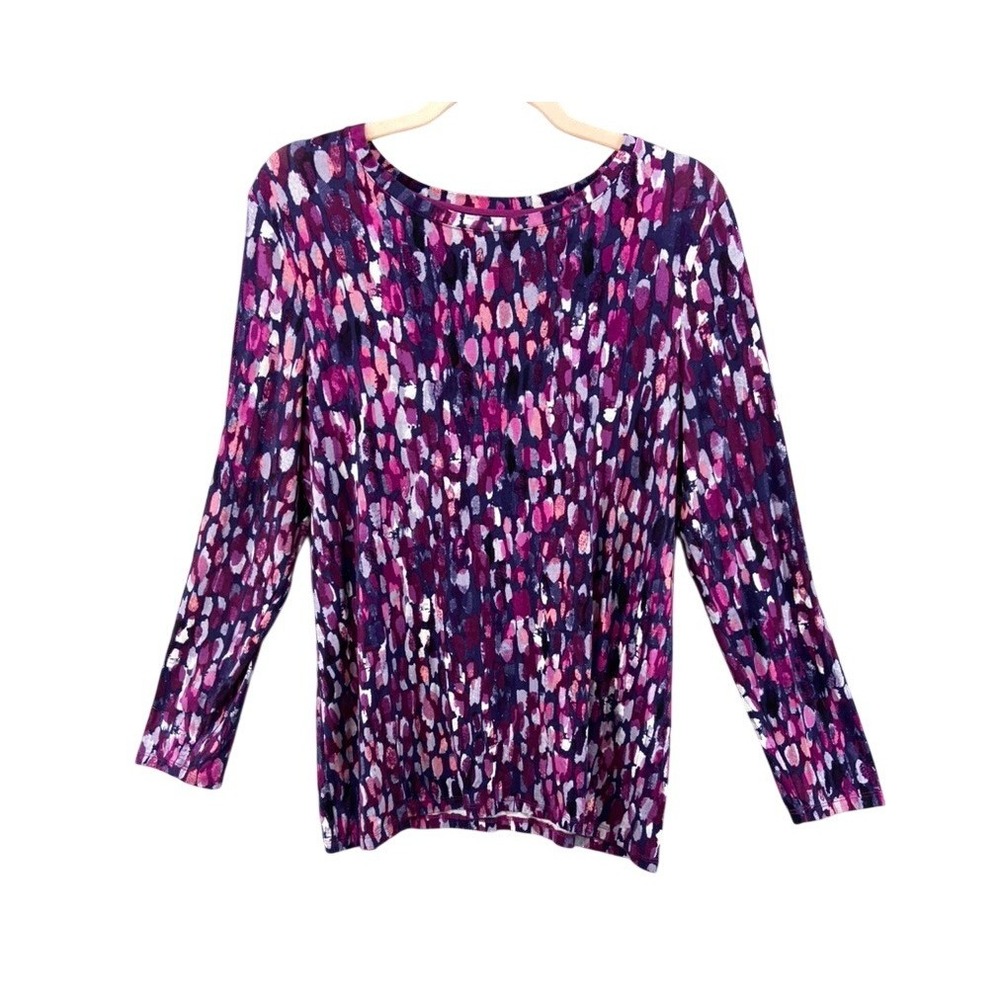Chico's Shirt Sz 2 L Abstract Dot Purple Long Sleeve Bold Jewel Tones Painterly